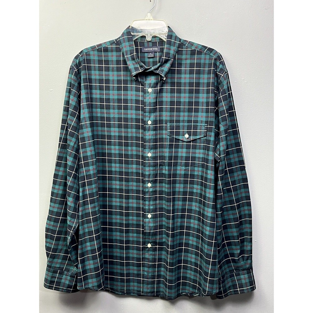 Lands End Shirt Mens Size Large Green Blue Pocket Tartan Plaid Cotton Casual